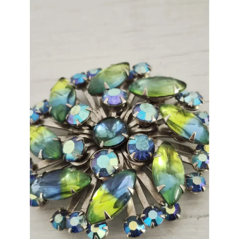 Vintage MCM Blue Green Iridescent Rhinestone Dome Brooch